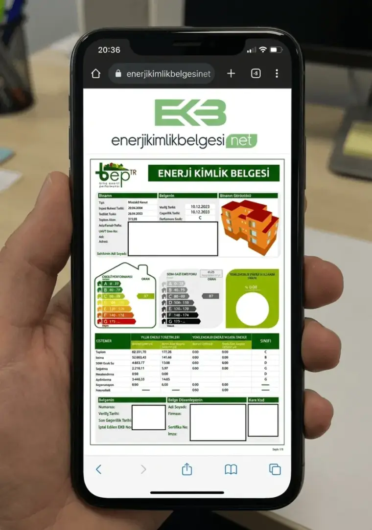 Enerji kimlik belgesi örneği: A'dan G'ye enerji sınıfı gösterimi